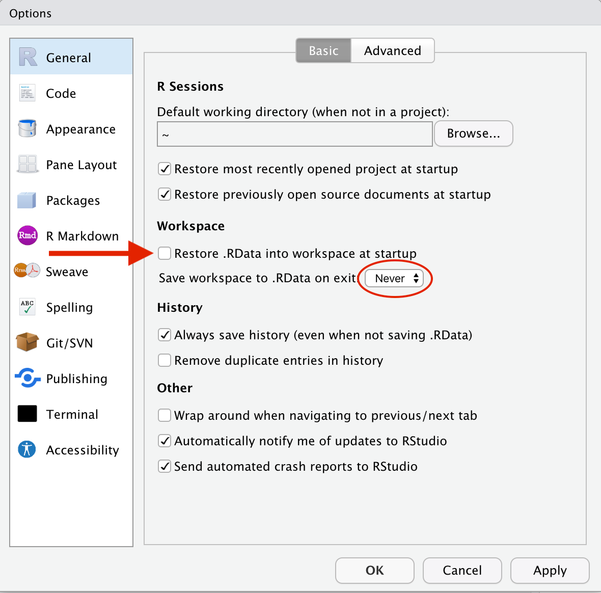 Configuring your RStudio Tools -> Global Options:  Untick ``Restore .RData into Workspace on Exit" and Set ``Save .RData on exit" to Never.