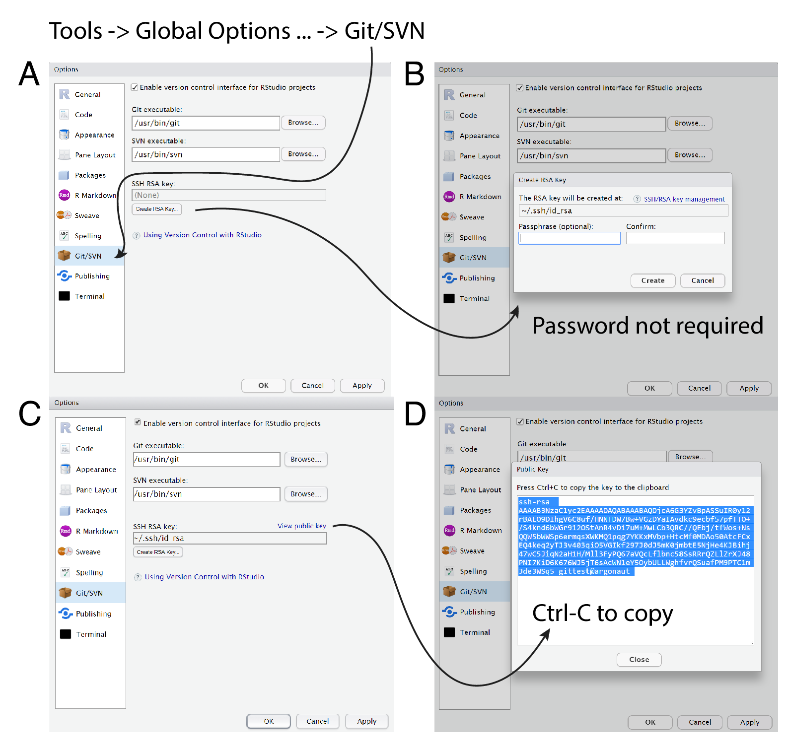 Creating an SSH key in RStudio's Global Options.