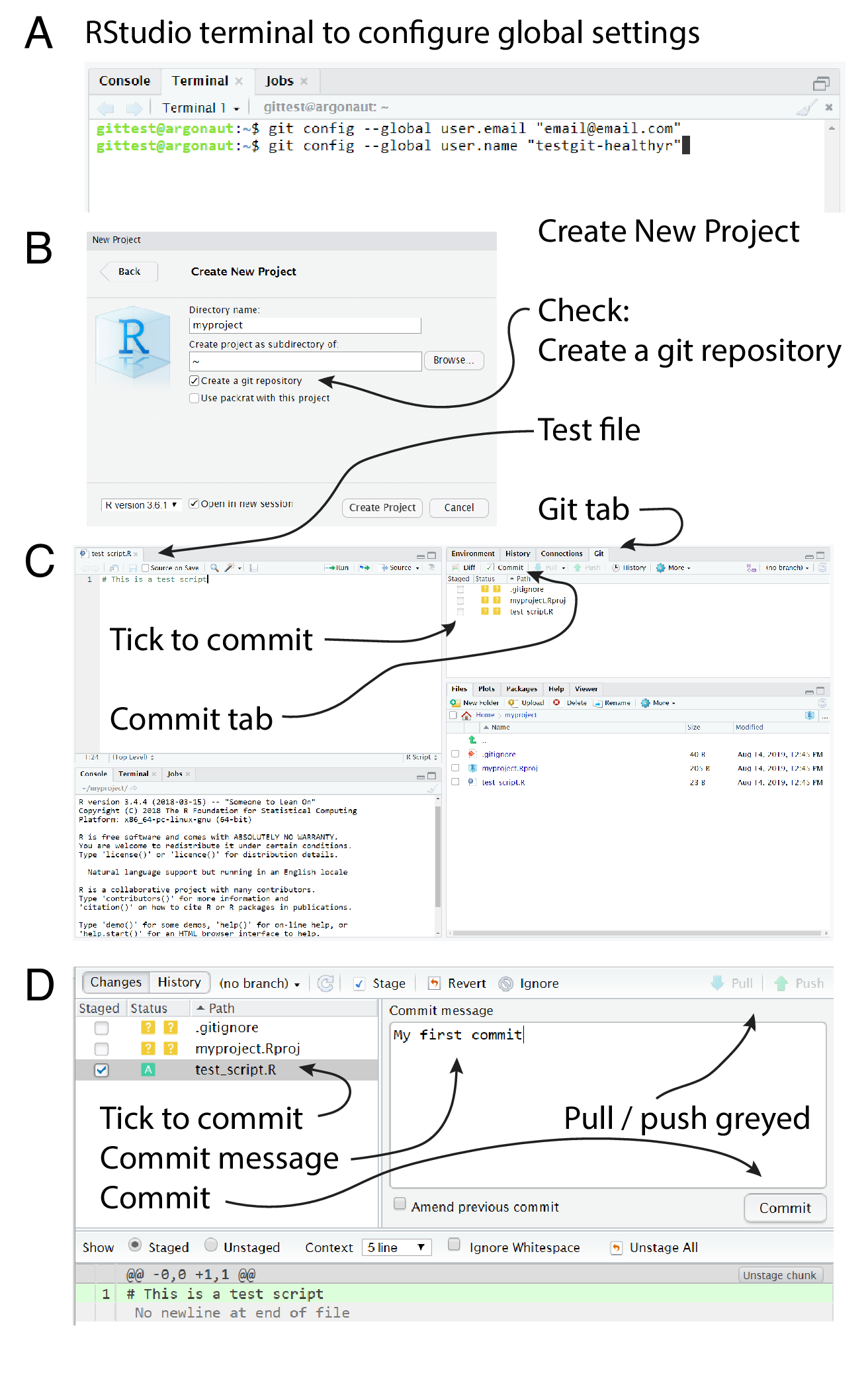 Configuring your GitHub account via RStudio, creating a new project, commiting a script and pushing it to GitHub.